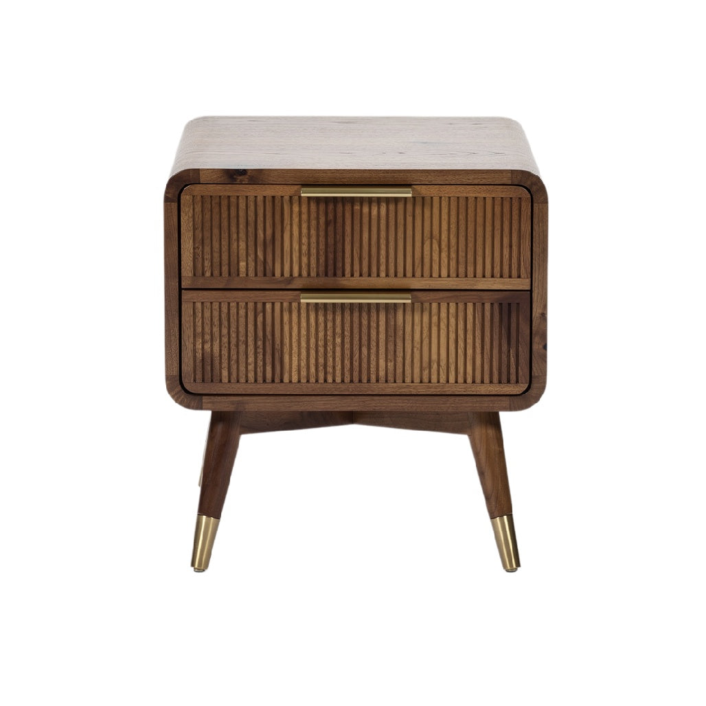 Mid-Century Modern Wood Nightstand with Ribbed Drawers and Brass Accents