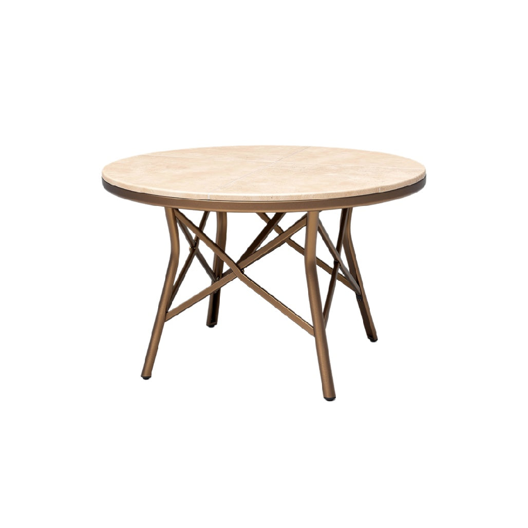 Modern Round Dining Table with Bronze Frame and Natural Wood Top